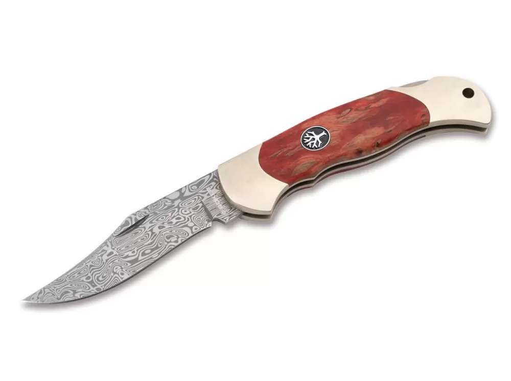 New Böker Manufaktur Solingen Junior Scout Curly Birch Red Damascus