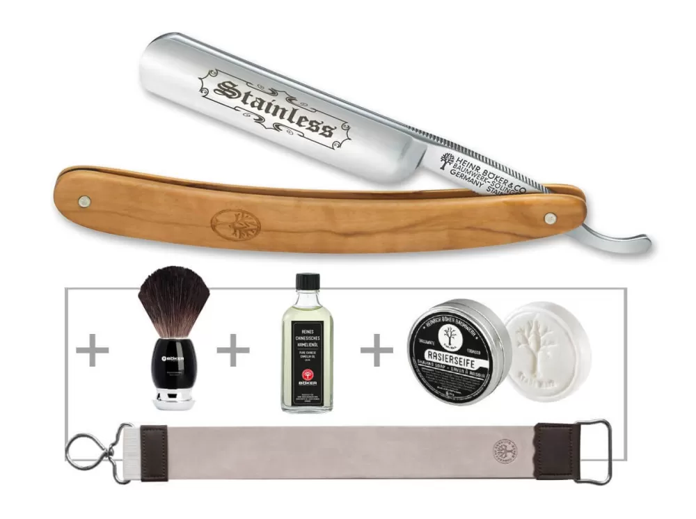 Böker Manufaktur Solingen Stainless Olive Set> Stainless Steel Straight Razors